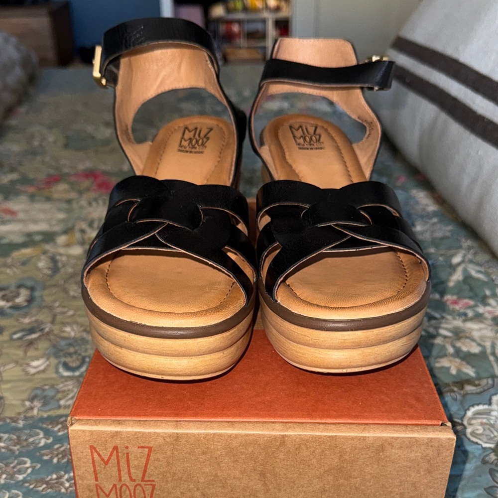 Miz Mooz Black Leather Ankle-Strap Sandals with Braided Front - Picture 5 of 11